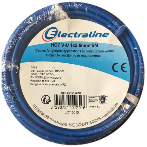 Bobine conducteur rigide cuivre H07 V-U 1x2,5mm² 5 mètres (Bleu) - Electraline