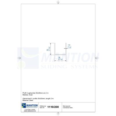 Profil U 2m rail pour kit 5040GVU-4 porte coulissante 150kg max (1110/200 SPORTUB®) - Mantion