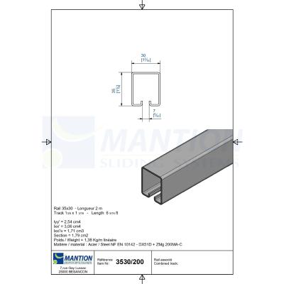 Rail 2m pour kit 3530GVU-4 porte coulissante 80kg max (3530/200 SPORTUB®) - Mantion