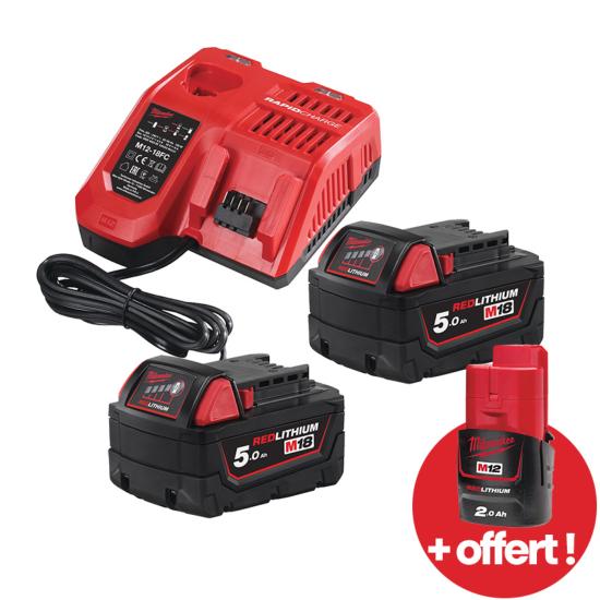 Pack NRJ M18 NRG-502 (2 Batteries 18V 5Ah+Chargeur rapide+Batterie 12V 2Ah OFFERTE) - Milwaukee